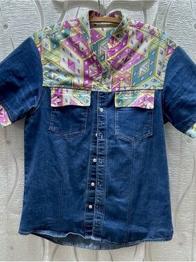 Unbranded Denim Button Down Shirt L Blue Multicolor Geometric Retro Short Slv